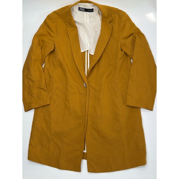 Zara Jackets & Blazers - Zara Womens Mustard Yellow Longline 100% Cotton Blazer Jacket Size S Small